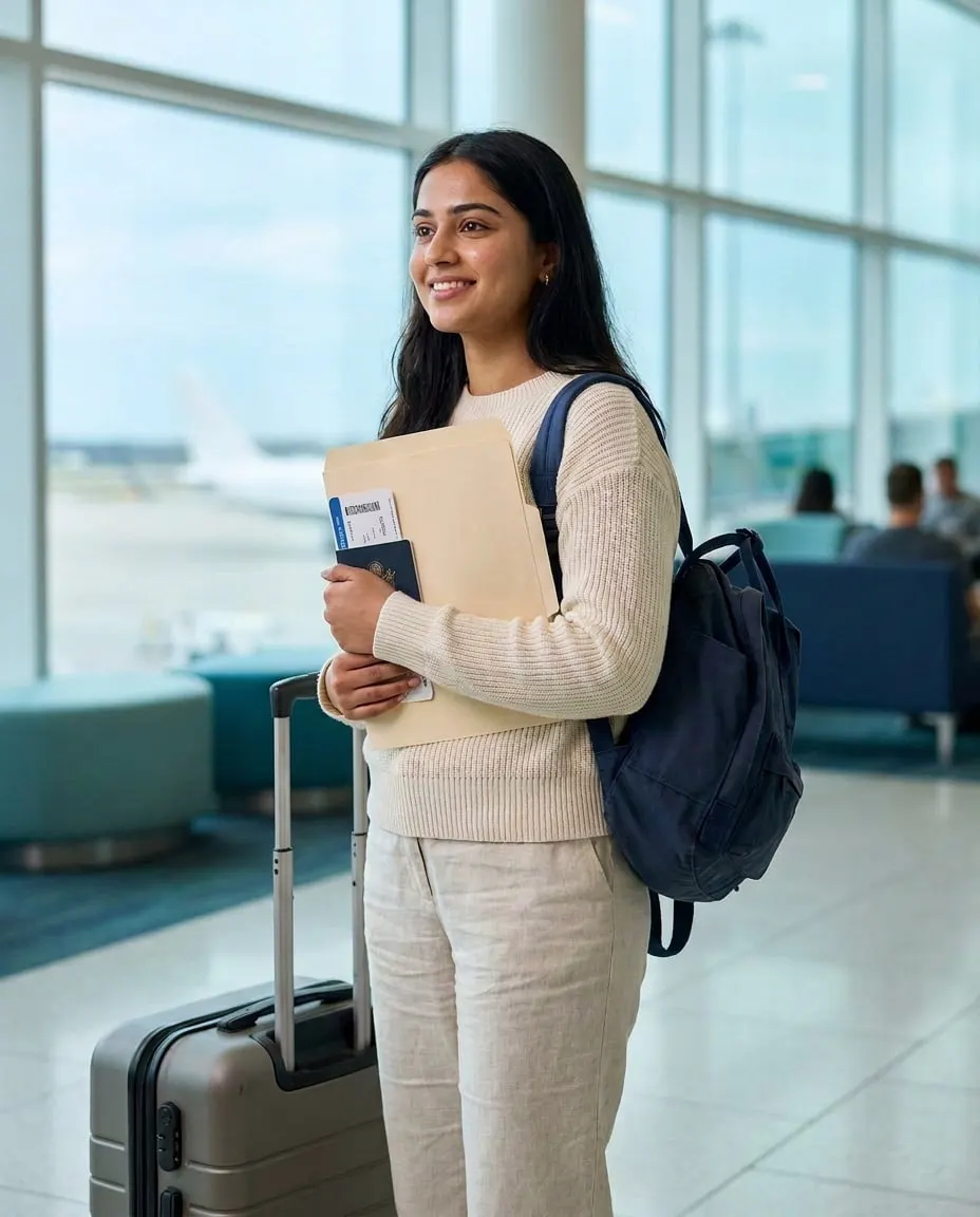 A student at the airport holding her passport, boarding pass and admission documents, ready to fly abroad for her studies